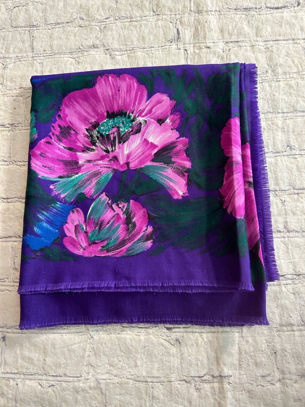 CASTELLANI WOOL ROYAL PURPLE PINK/GREEN FLORAL PRINT OVERSIZED WRAP SCARF